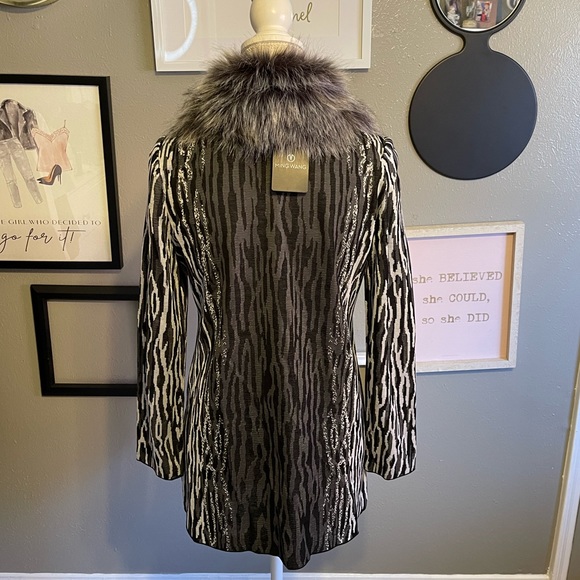 Ming Wang Gray Animal Printed Fur Collar Knit Jacket XS - Picture 3 of 11